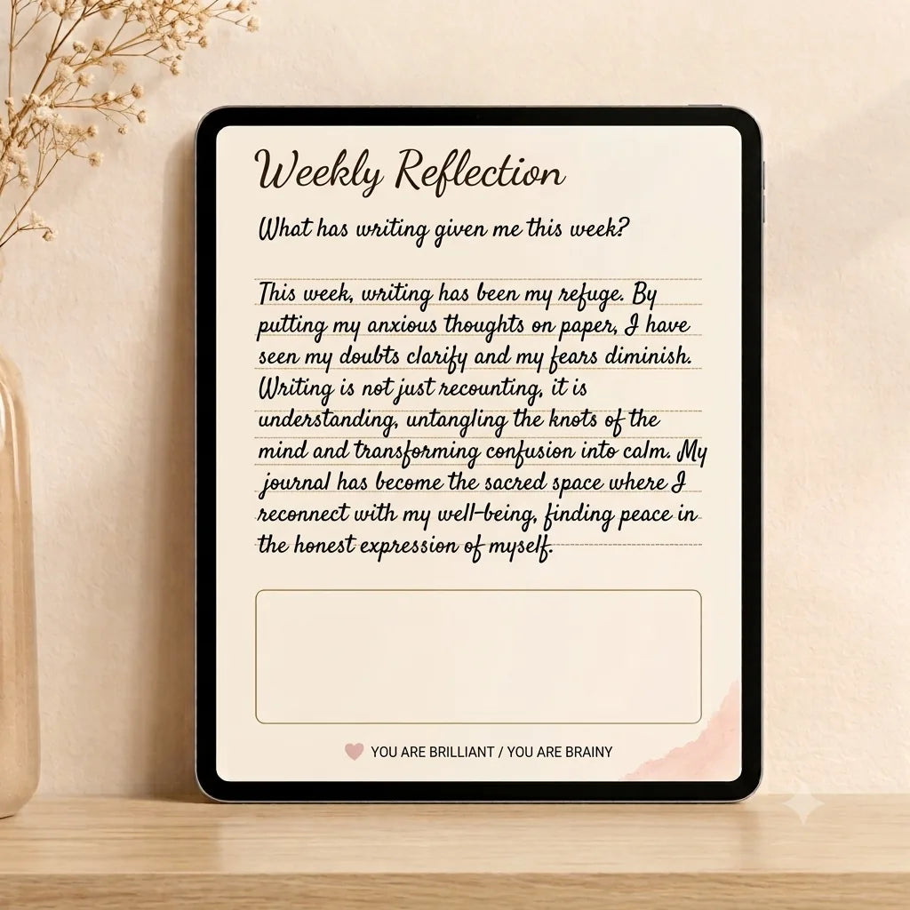 Embrace the Feeling – weekly reflection page from the journaling EPUB, displayed on tablet — You Are Brainy