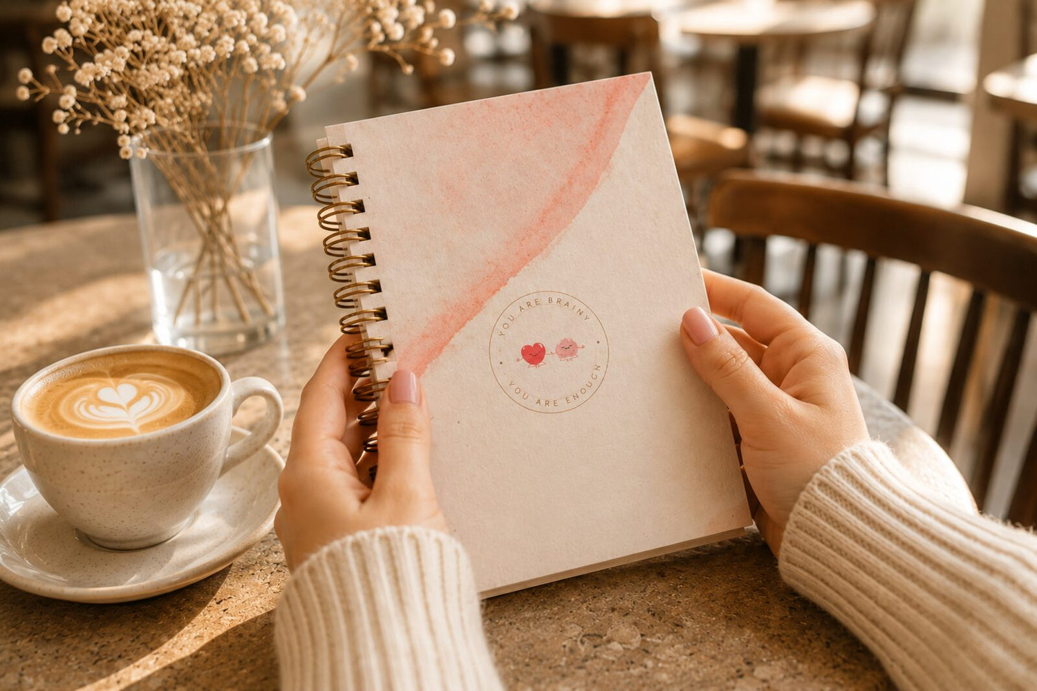 Manos sosteniendo la libreta de journaling Brainy A5 con tapa dura en una cafetería