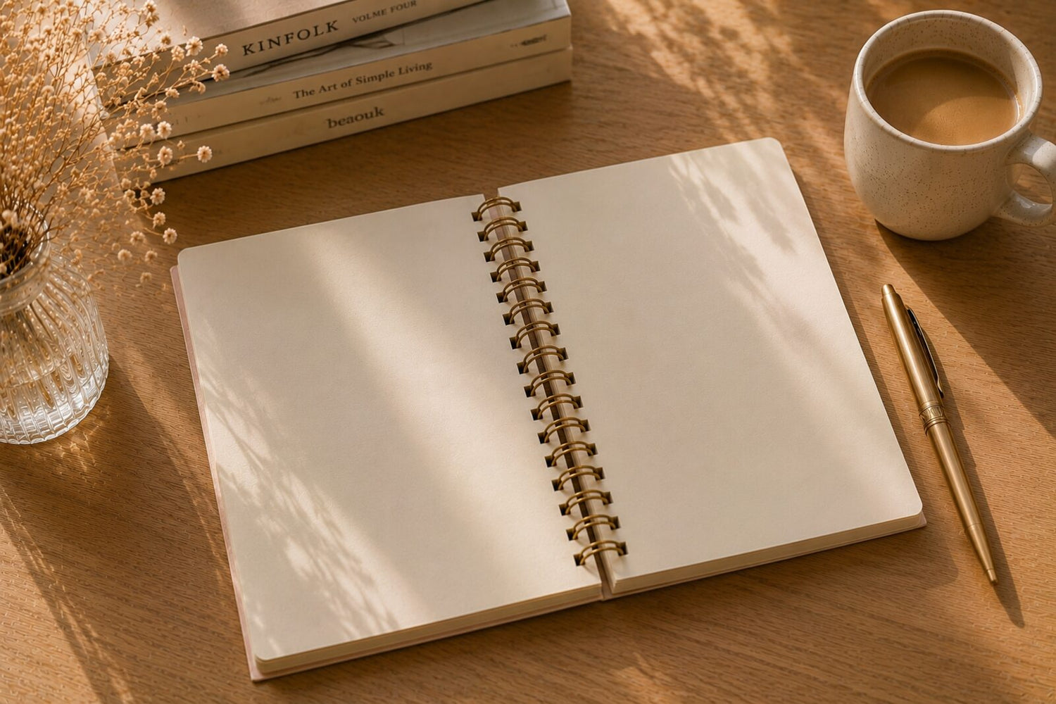 Libreta de journaling Brainy abierta con papel liso beis de 90 gramos junto a un café