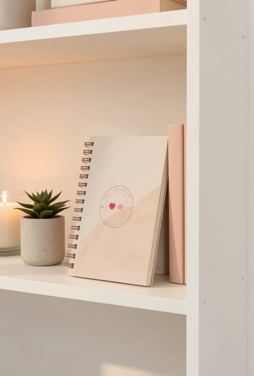 Libreta de journaling Brainy con anillas oro cobrizo en una estantería con vela y planta