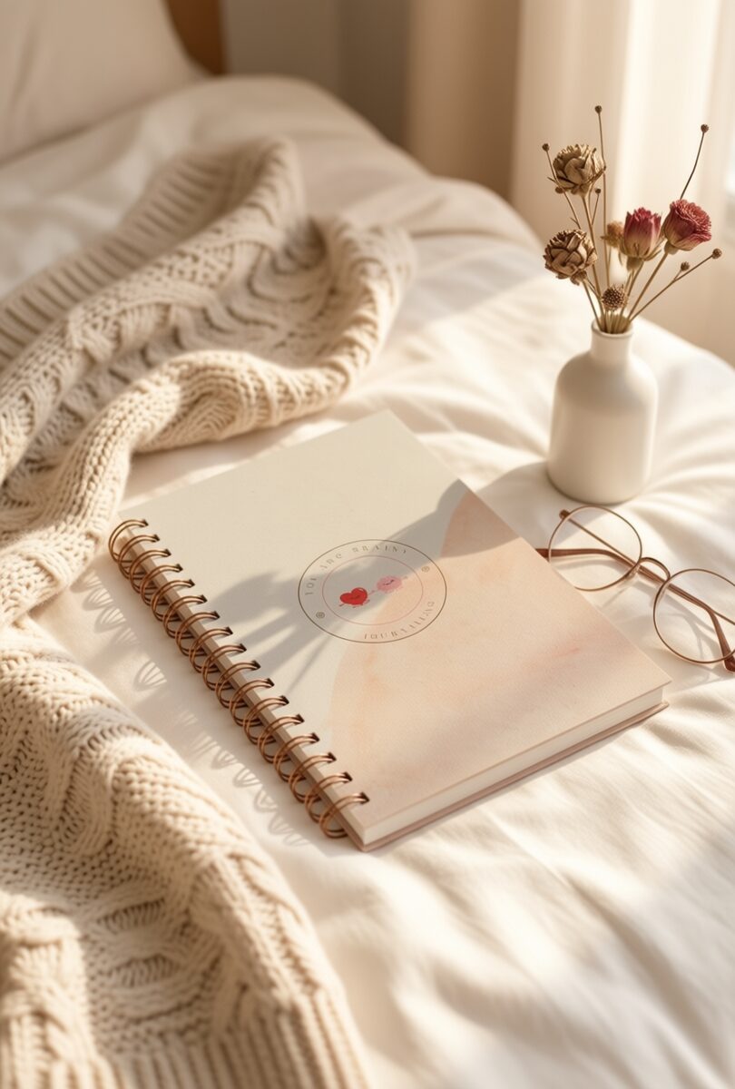 Diario terapéutico Brainy sobre la cama, momento de escritura relajada
