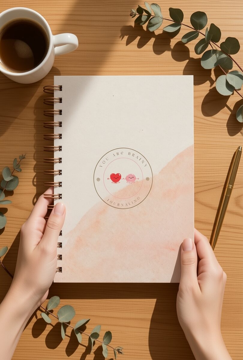 Vista superior de la libreta de journaling Brainy A5 con café y eucalipto, diario de gratitud