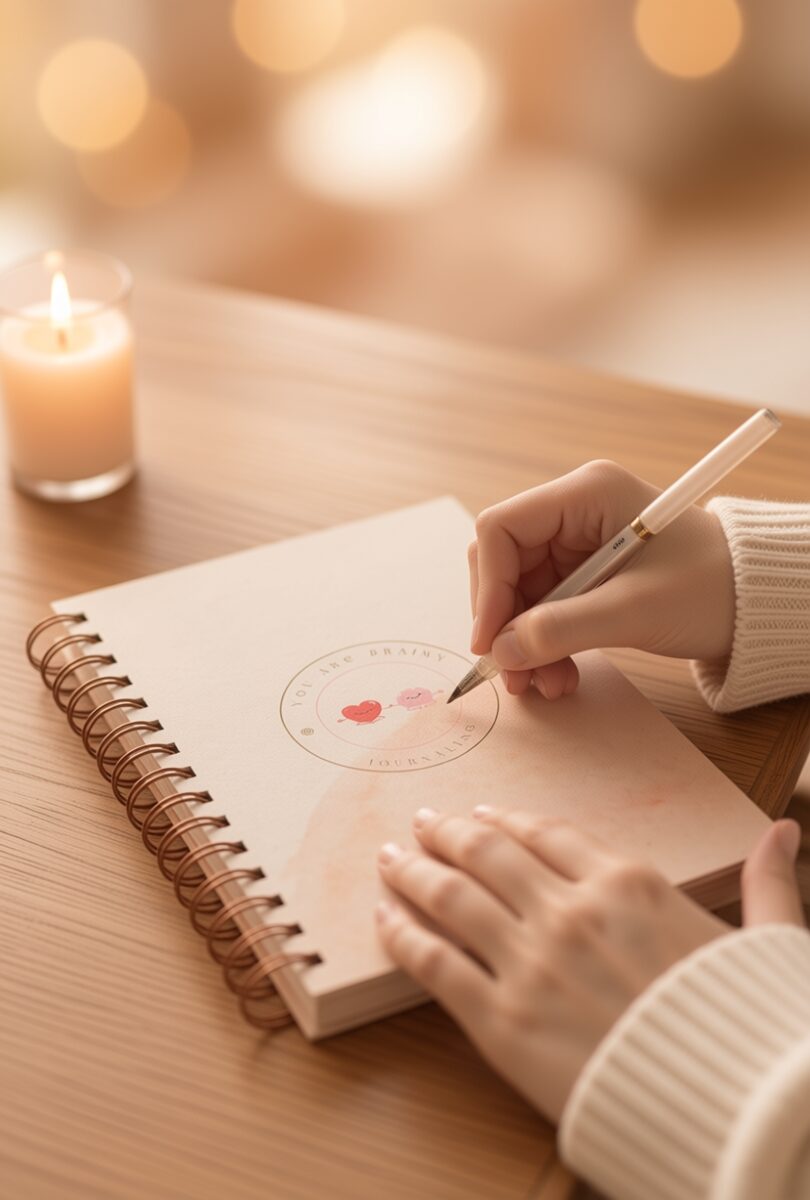 Escritura terapéutica en la libreta de journaling Brainy junto a una vela