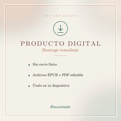 Producto digital de descarga inmediata: diario emocional Emociónate en EPUB y PDF editable para escritura terapéutica – You Are Brainy
