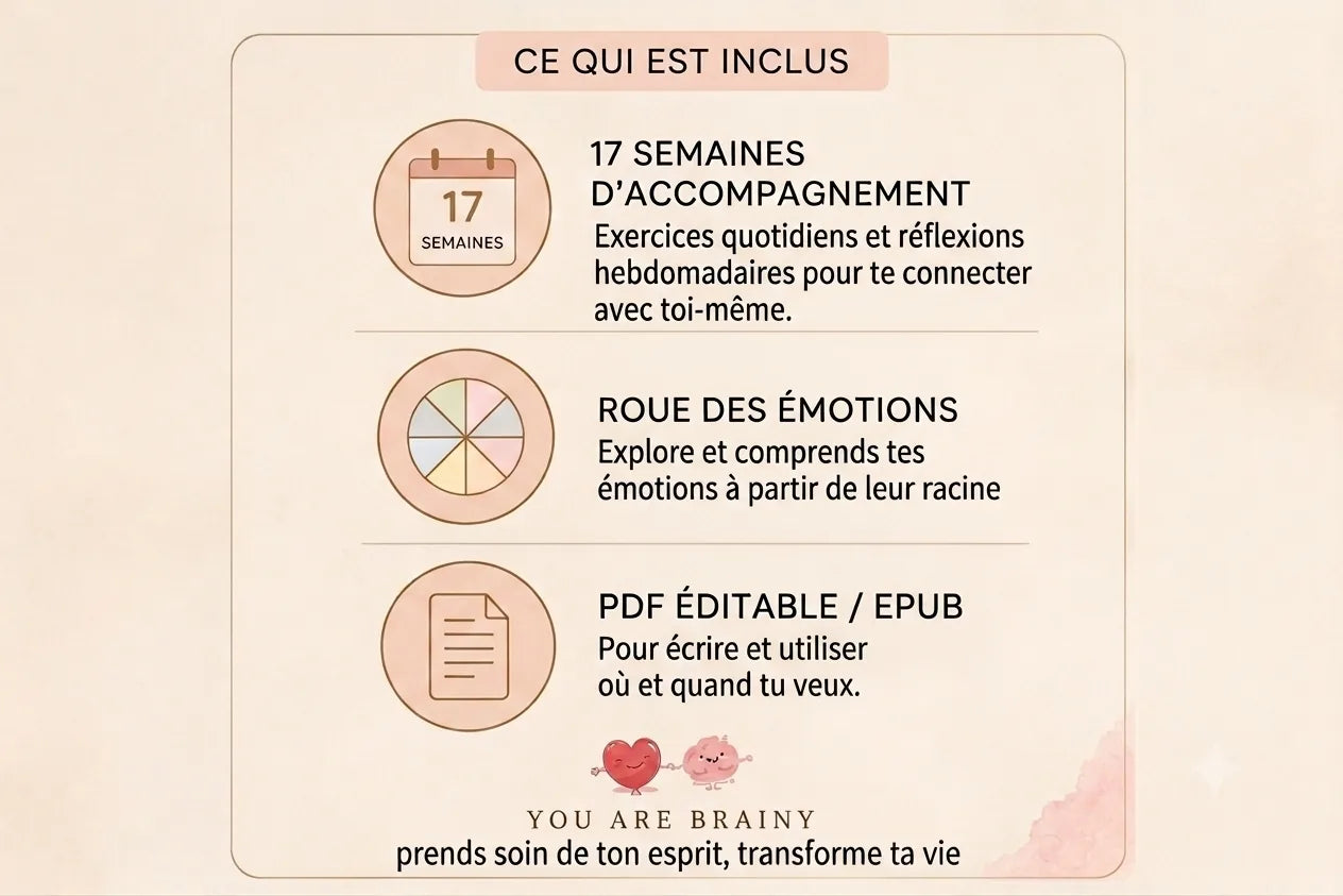 Ce qui est inclus dans Accueillez l'émotion : 17 semaines de journaling, roue des émotions et PDF éditable/EPUB