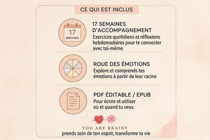Ce qui est inclus dans Accueillez l'émotion : 17 semaines de journaling, roue des émotions et PDF éditable/EPUB