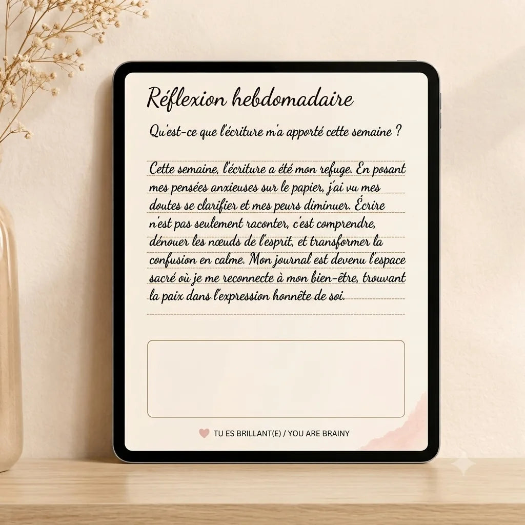 Page de réflexion hebdomadaire du journal émotionnel Accueillez l'émotion, exemple d'écriture thérapeutique