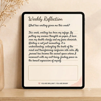 Embrace the Feeling – weekly reflection page from the journaling EPUB, displayed on tablet — You Are Brainy