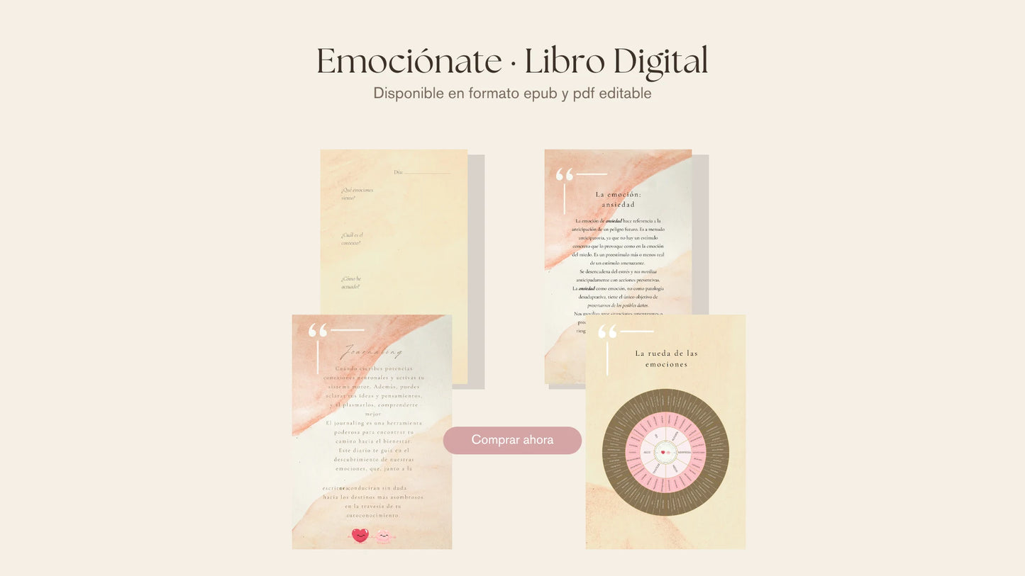 Páginas interiores del diario Emociónate: guías de journaling y escritura terapéutica basadas en inteligencia emocional, en EPUB y PDF editable – You Are Brainy